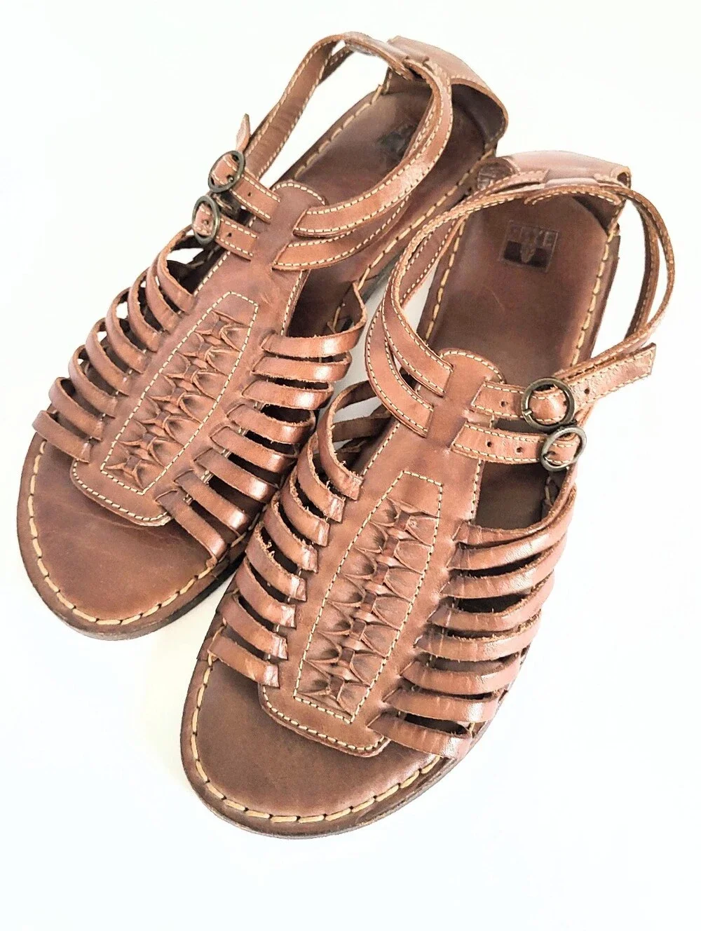 Frye Kayla Huarchi Sandals Genuine Leather Caged Gladiator Brown Size 8.5 B